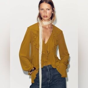 Zara Mustard Ruffle V-Neck Blouse Sheer Peplum Bell Sleeve Boho Top NWT M